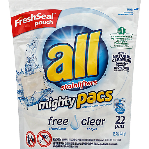 All Mighty Pacs Laundry Detergent, Super Concentrated, Free & Clear