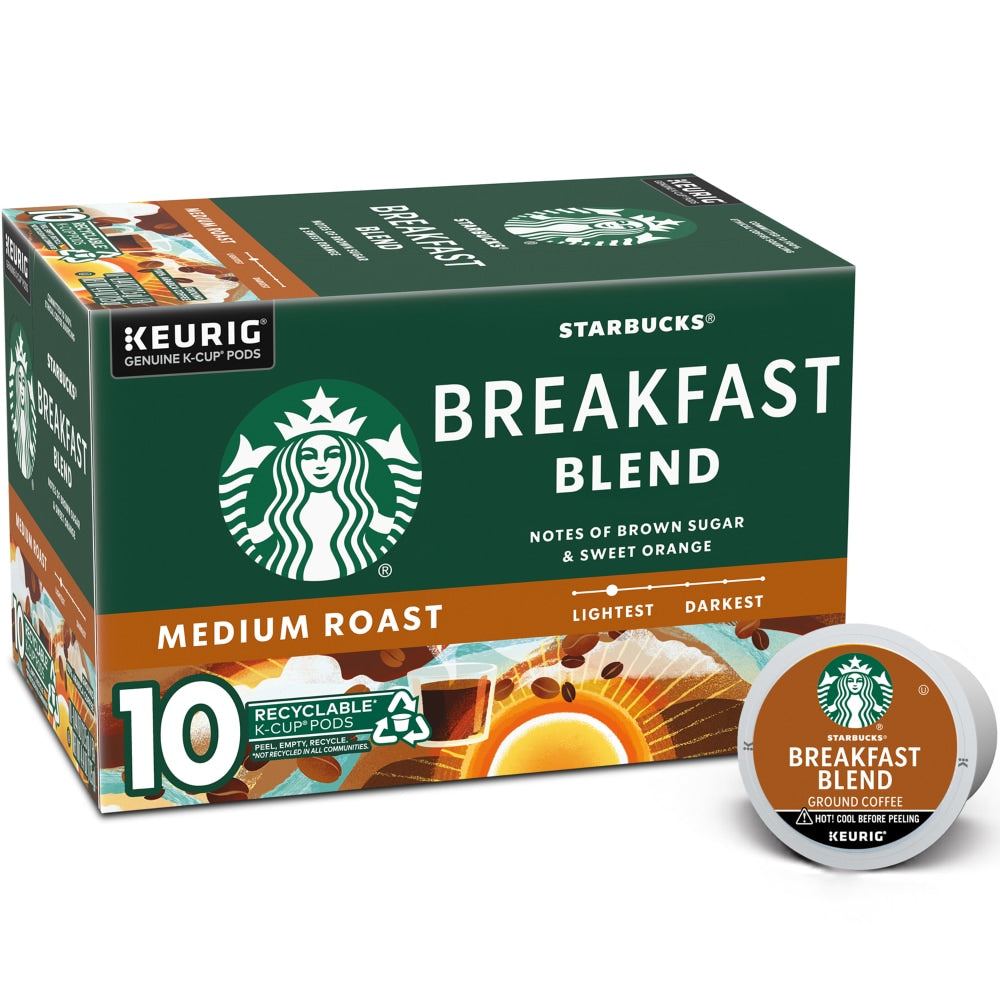 Starbucks Breakfast Blend Medium Roast Ground Coffee K Cup Pods 10 Ct Box