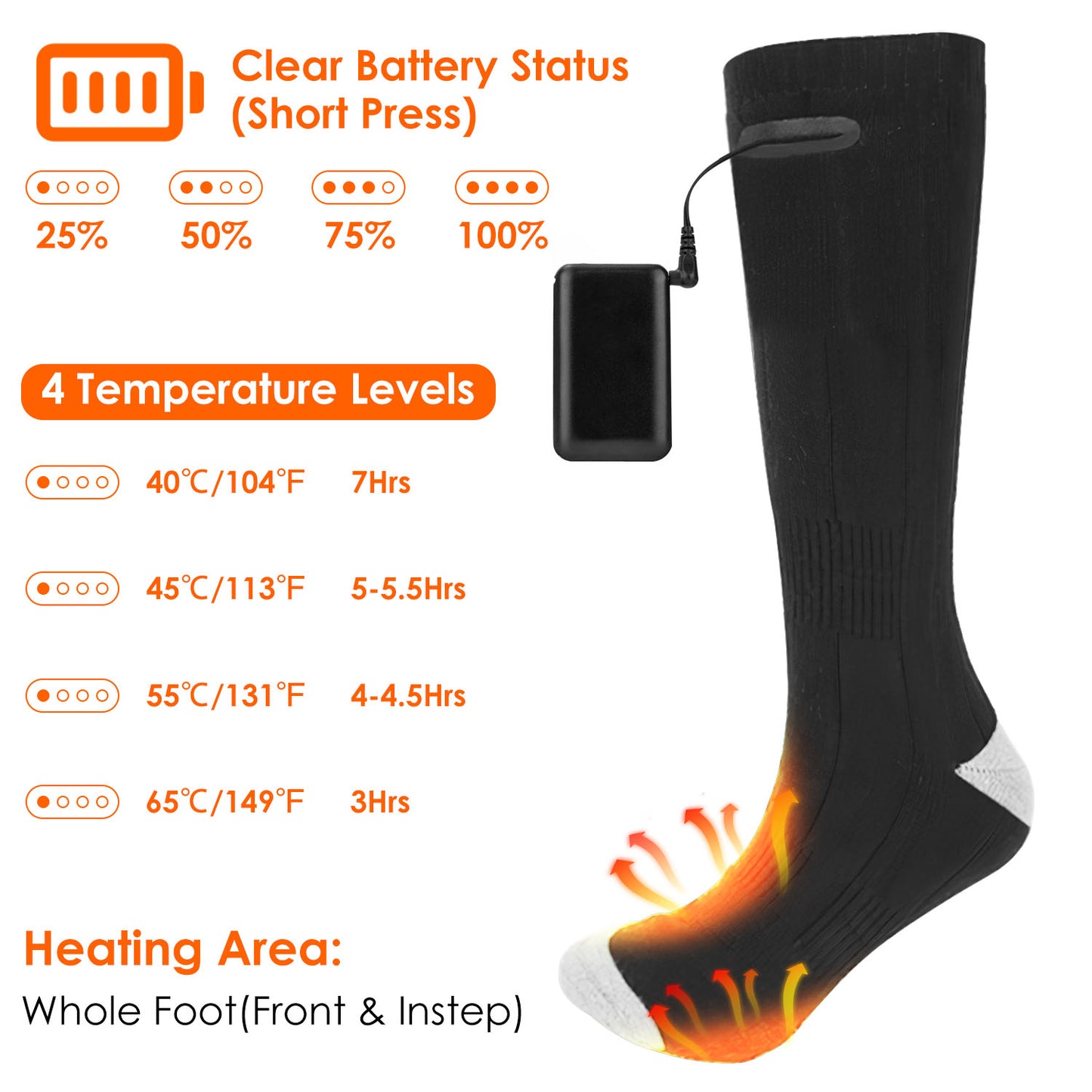 1Pair Electric Heated Socks For Men Women Battery Powered Heated Socks Rechargeable Feet Warmer With 4 Temperature Levels Indoor Outdoor Machine Washable