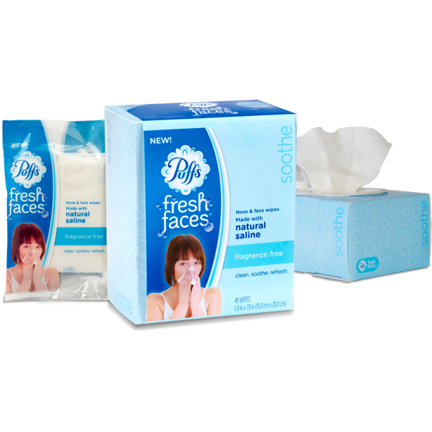 Puffs Fresh Faces Moist Nose and Face Wipes with Natural Saline, Fragrance Free