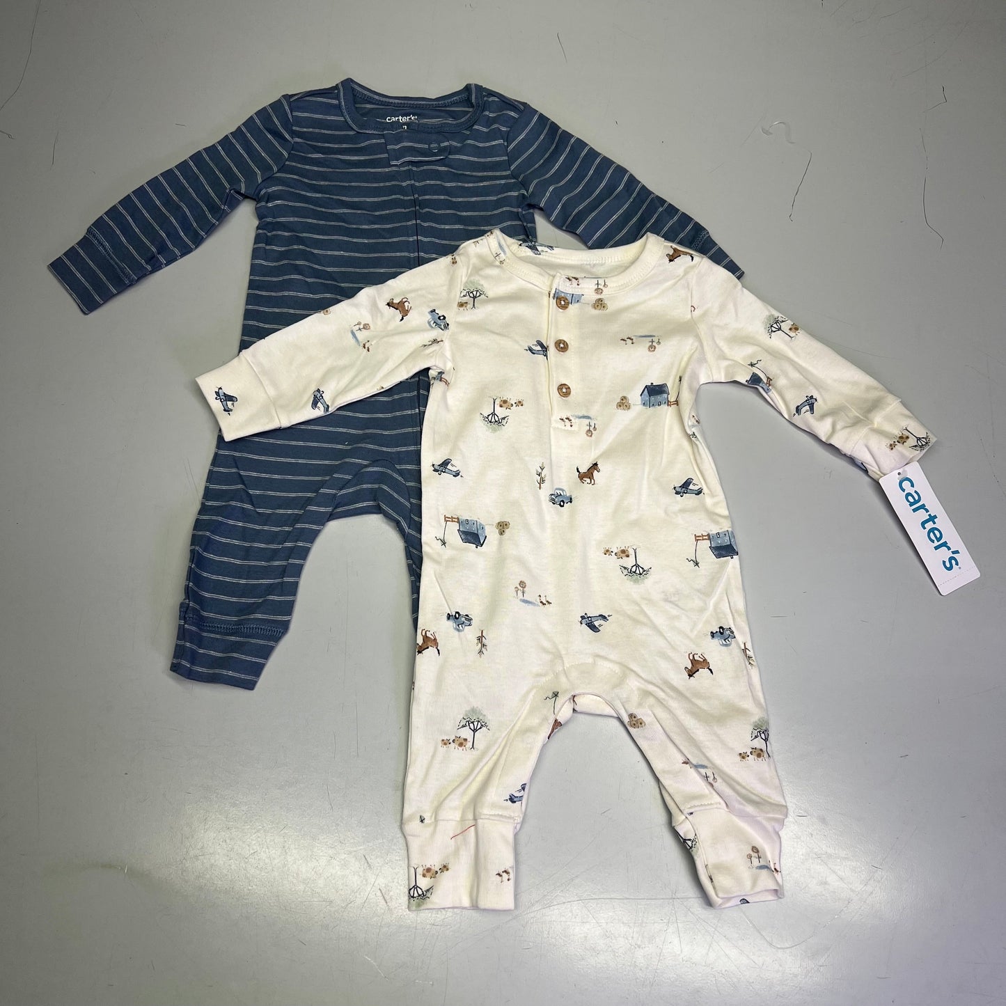CARTERS (SET OF 2) Soft Farmhouse Pattern Onesie Baby Boy's Sz 9M Blue/White