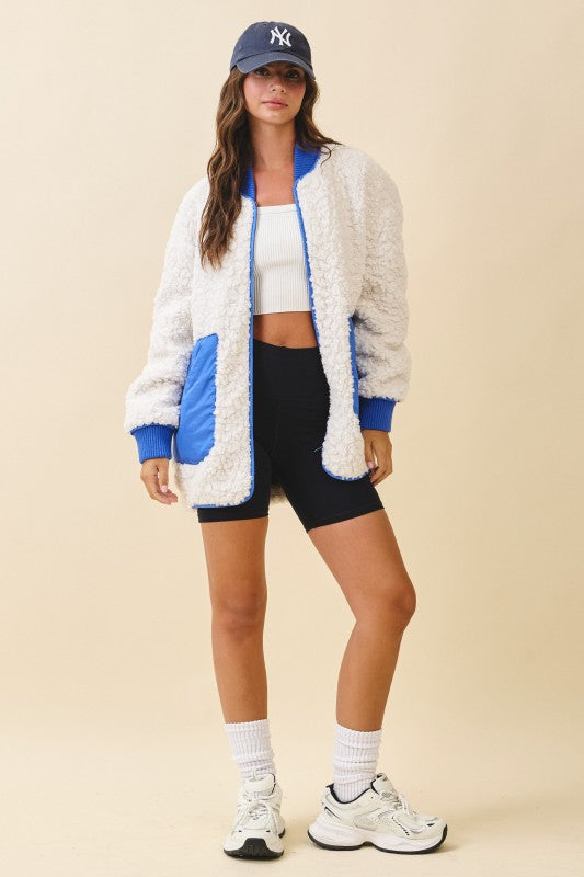 Textured Contrast Pocket Fleece Jacket