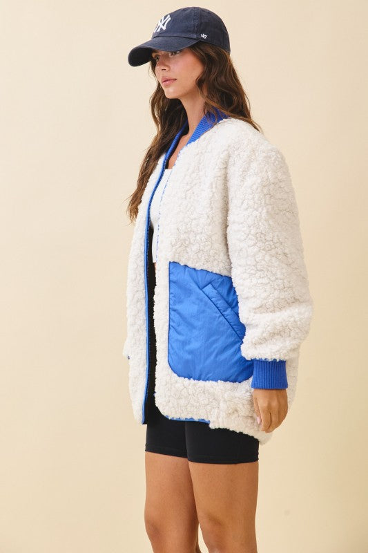 Textured Contrast Pocket Fleece Jacket