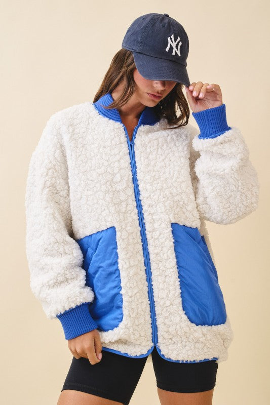 Textured Contrast Pocket Fleece Jacket