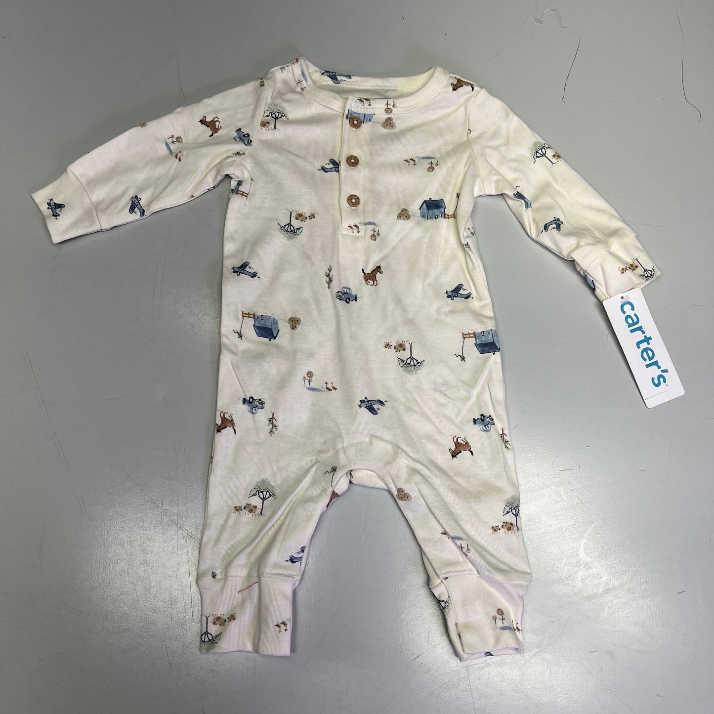 CARTERS (SET OF 2) Soft Farmhouse Pattern Onesie Baby Boy's Sz 9M Blue/White