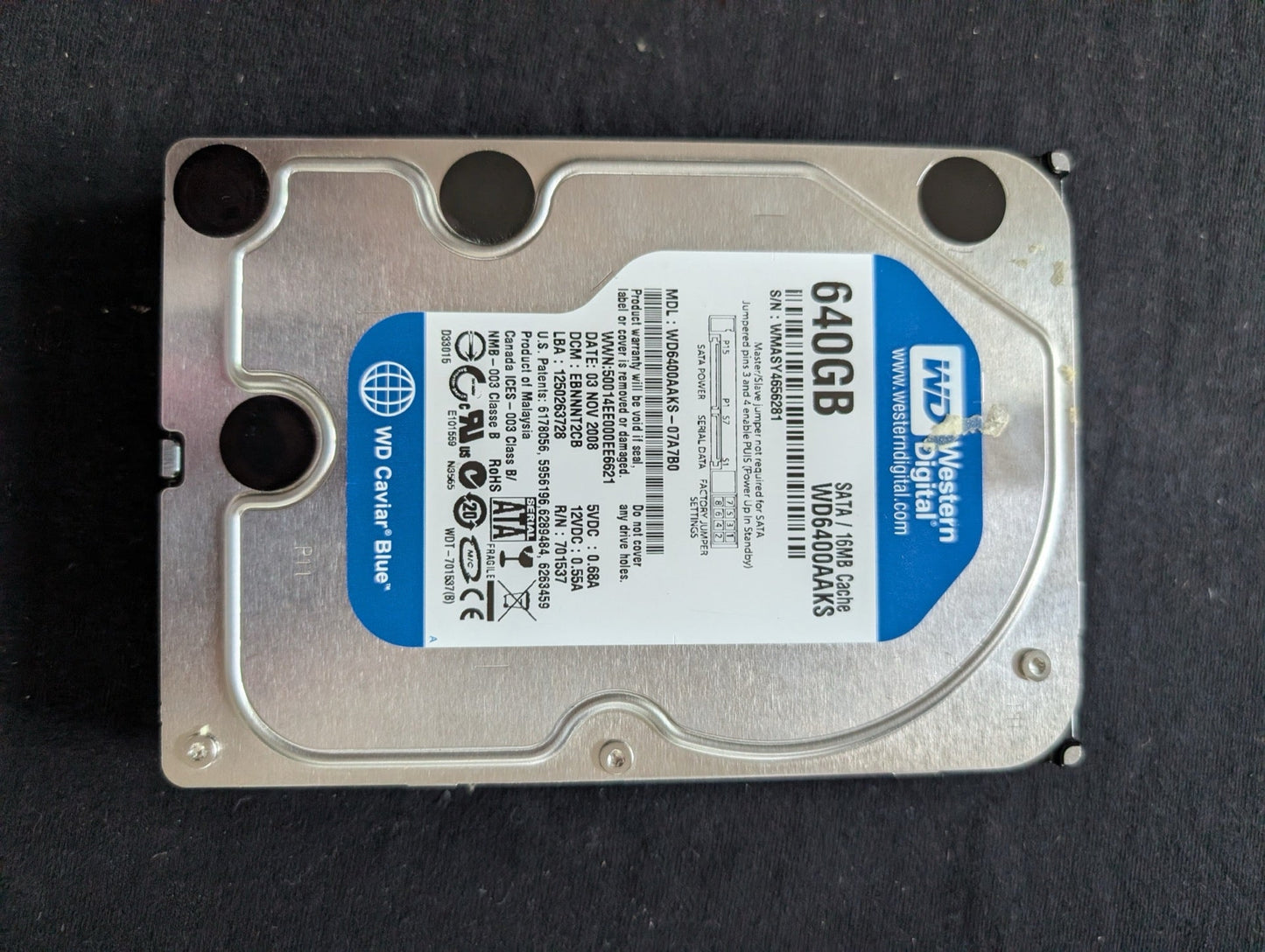 WD Caviar Blue 640GB 3.5" Hard Drive HDD 7200 RPM SATA 3Gb/s (WD6400AAKS)